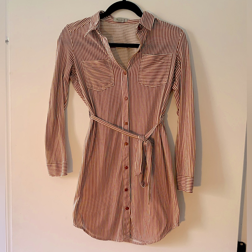 Brown and white stripped shirt dress